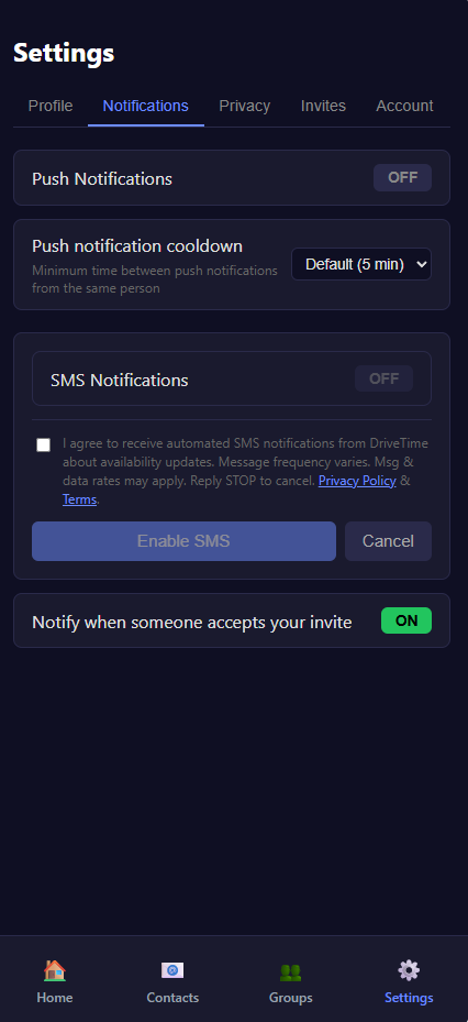 Settings page showing the SMS consent checkbox unchecked with disclosure text