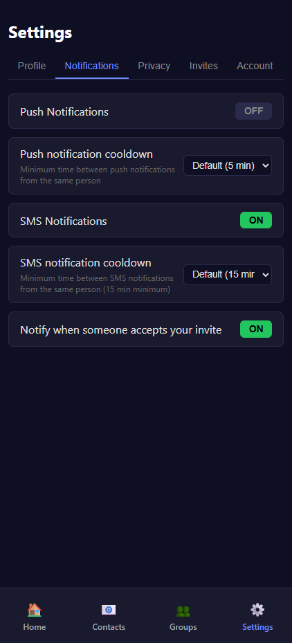 Settings page showing SMS notifications enabled after consent