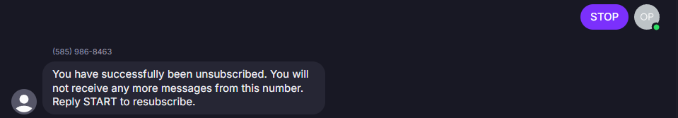 STOP unsubscribe confirmation SMS received on a phone