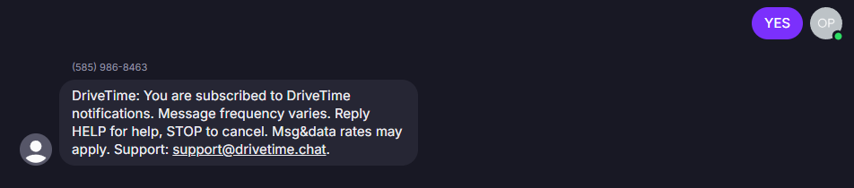 YES opt-in confirmation SMS received on a phone